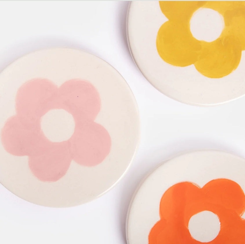 Set of 4 Stoneware Flower Coasters
