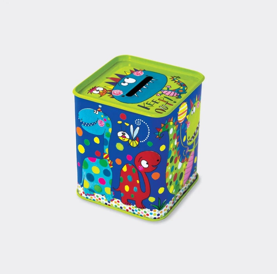 Money Box Tin - Dark Blue Dinosaurs