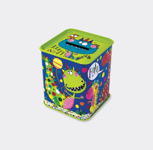 Money Box Tin - Dark Blue Dinosaurs
