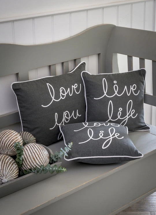 Grey & White slogan cushion 30cm