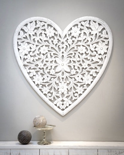 Hand carved Large Wooden White Heart Wall Panel - Retreat home