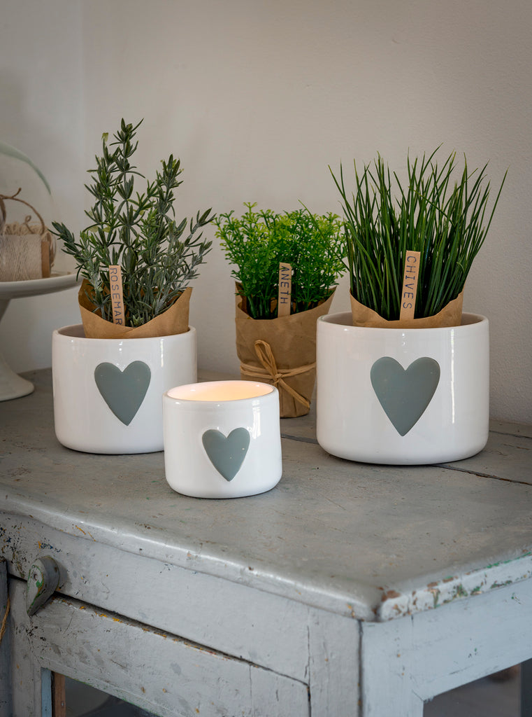 White with grey heart ceramic pots