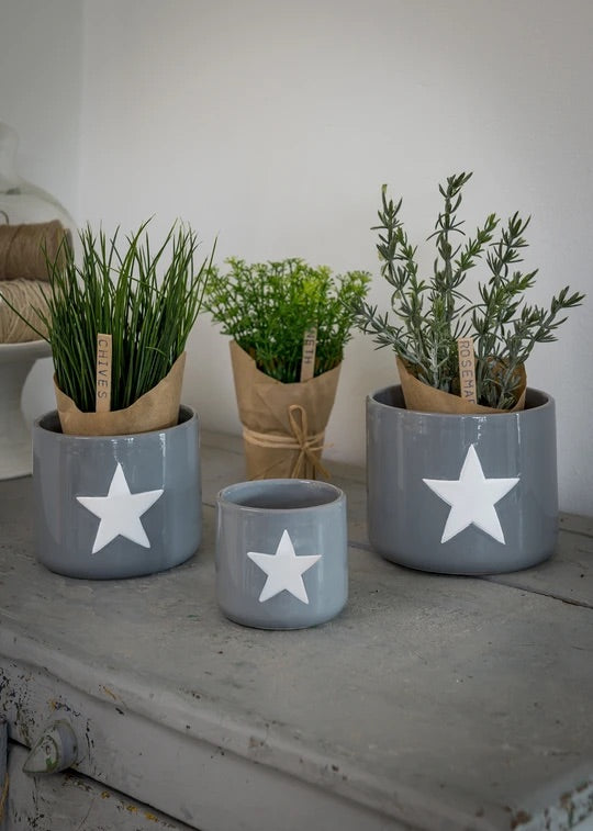 Grey and white star ceramic pots x 3
